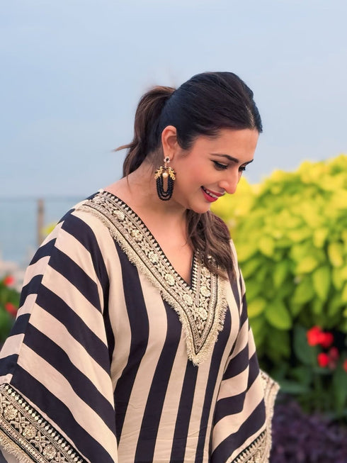 (Divyanka Tripathi) Gold Black Striped Kaftan Set