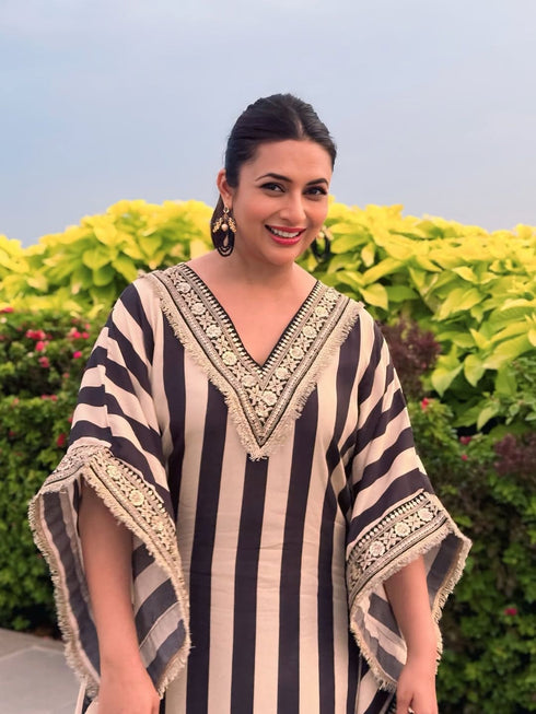 (Divyanka Tripathi) Gold Black Striped Kaftan Set