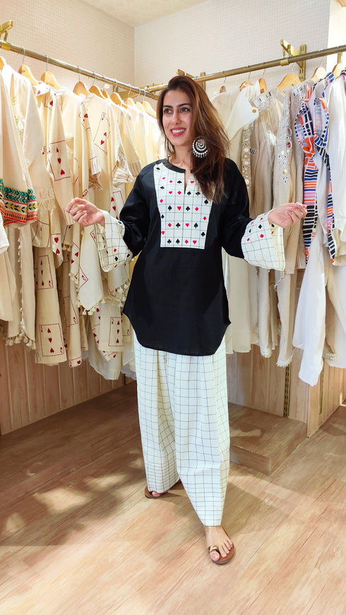 Black And White Card Farshi Salwar with Sling Bag