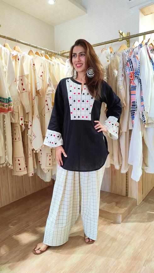 Black And White Card Farshi Salwar with Sling Bag