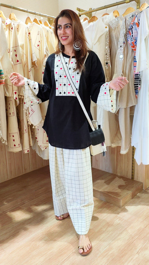 Black And White Card Farshi Salwar with Sling Bag