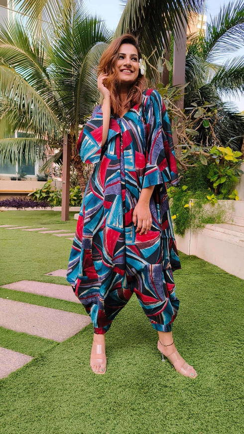 Blue Abstract Dhoti Jumpsuit With Belt