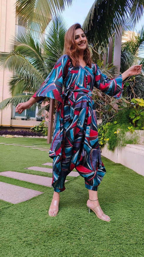 Blue Abstract Dhoti Jumpsuit With Belt