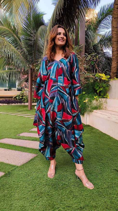 Blue Abstract Dhoti Jumpsuit With Belt