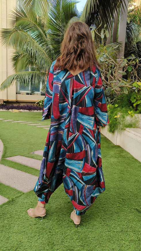 Blue Abstract Dhoti Jumpsuit With Belt