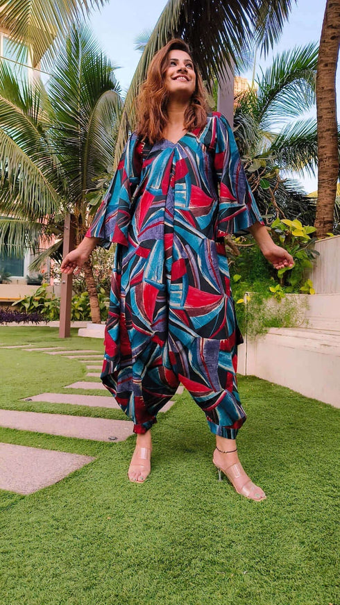 Blue Abstract Dhoti Jumpsuit With Belt