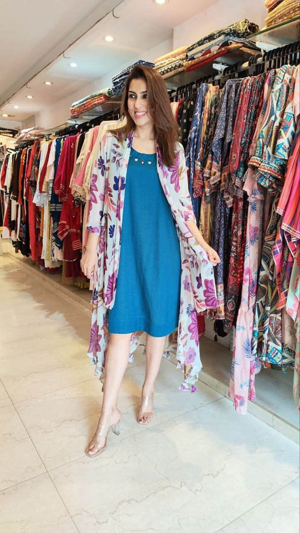 Blue Dress With Georgette Shrug
