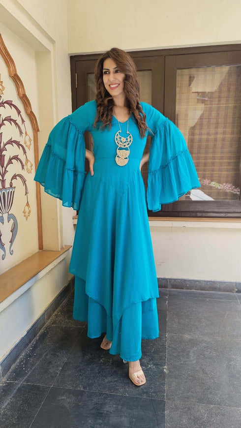 Blue Flair Dress With Neckpiece