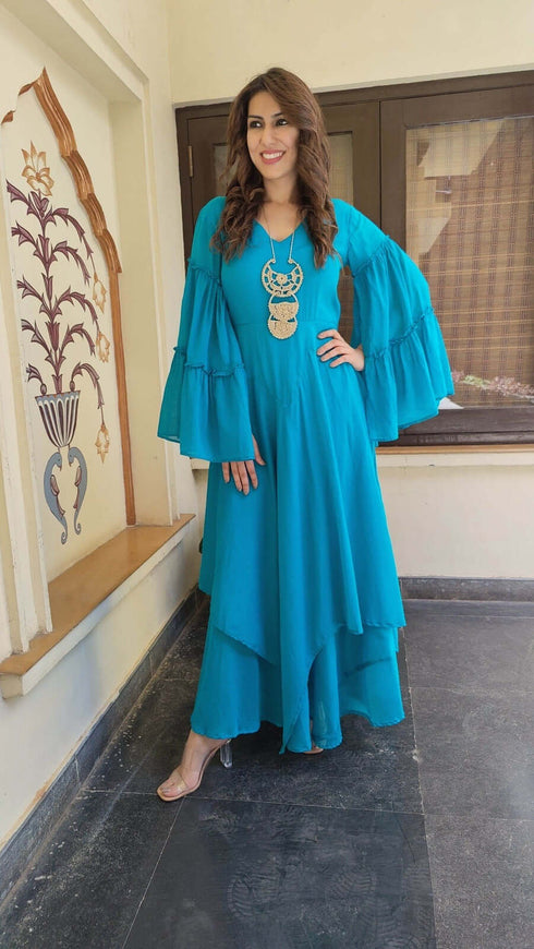 Blue Flair Dress With Neckpiece