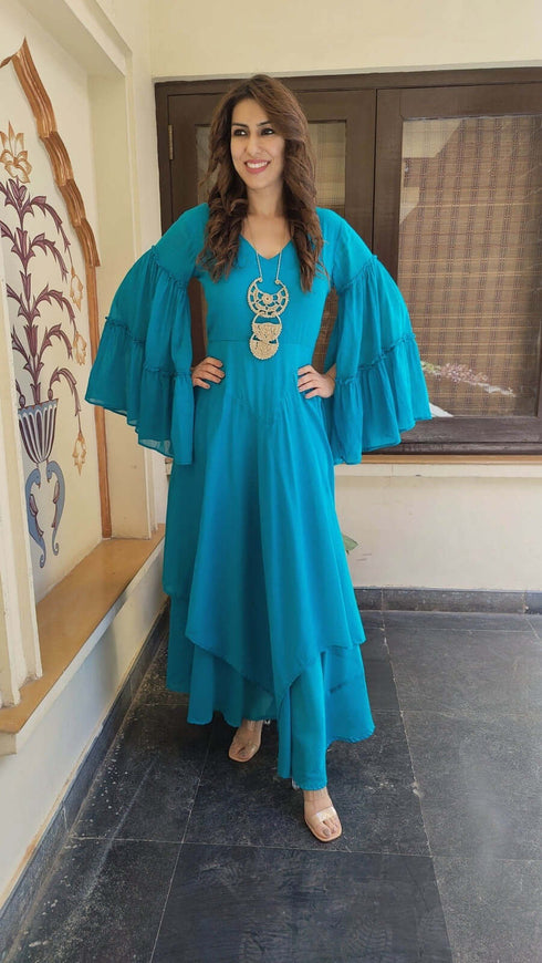 Blue Flair Dress With Neckpiece