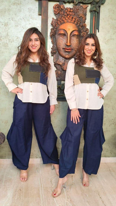 Blue Flared Pants With Patchwork Corset Top