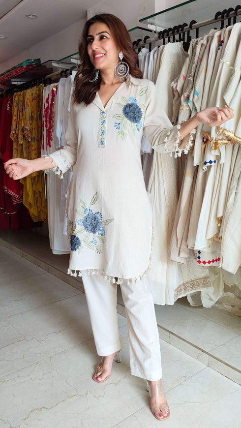 Blue Flower Off White Coord Set