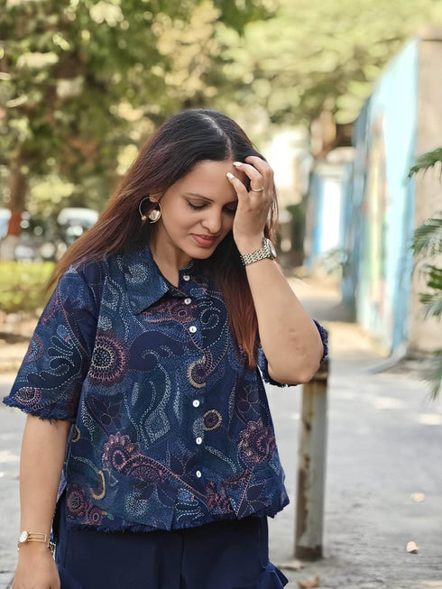 Blue Shirt with Drape Flared Pants