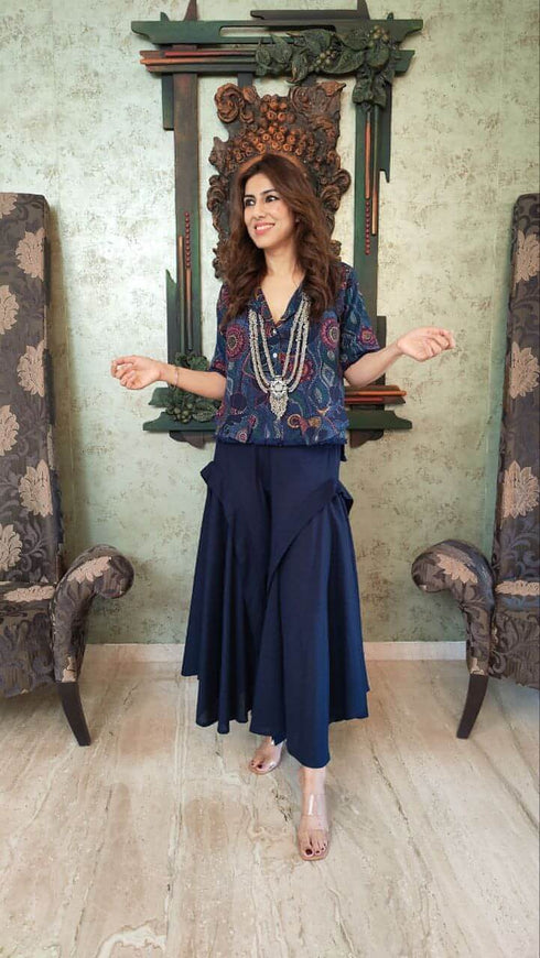 Blue Shirt with Drape Flared Pants