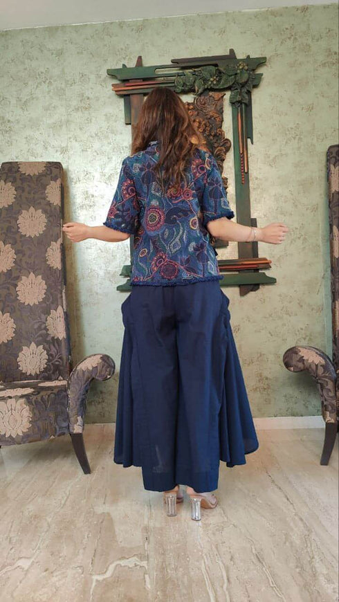 Blue Shirt with Drape Flared Pants