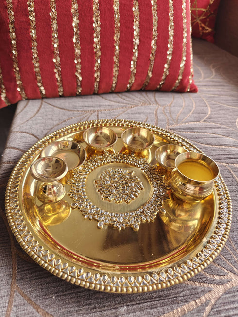 Brass Kundan Pooja Thali 7 Pc Set - Accessory
