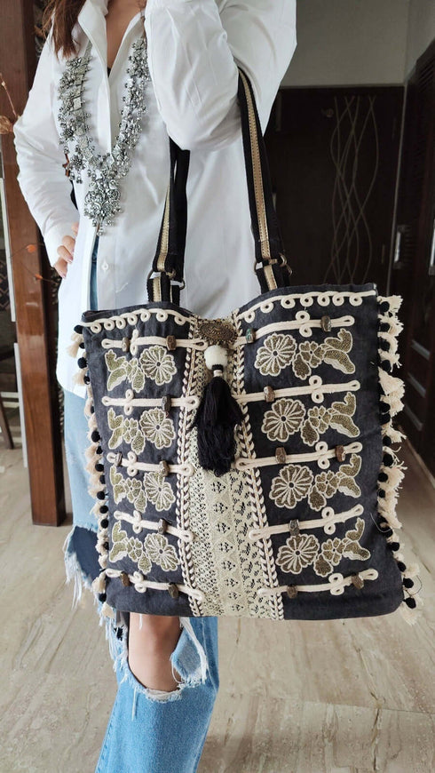 Bronze Black Handcrafted Embroidery Tote Bag
