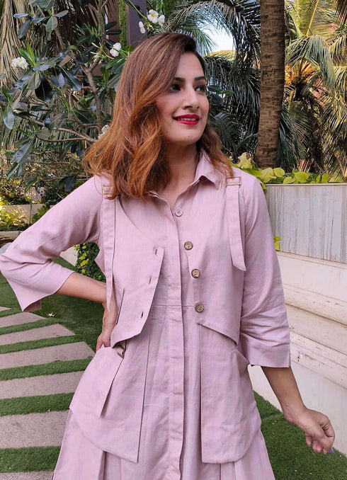 Champagne Shirt Dress With Waist Coat