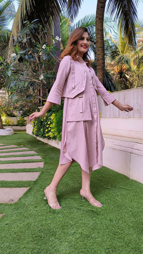 Champagne Shirt Dress With Waist Coat