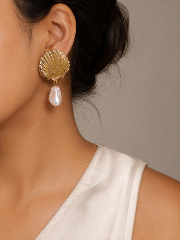 Gold Shell Pearl Drop Earrings