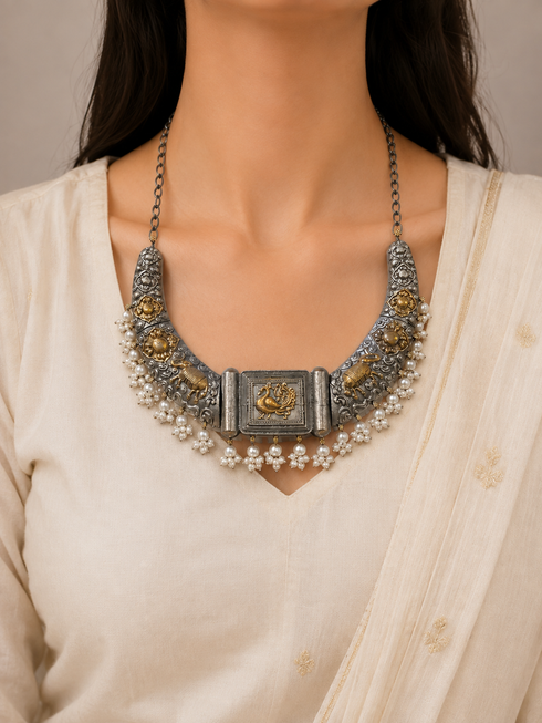 Peacock and Elephant Dual Tone Necklace