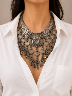 Oxidized Silver Necklace with Coin & Floral Details