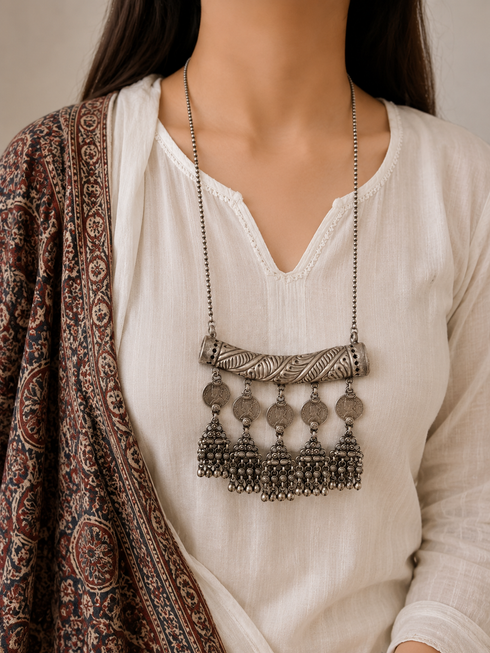Oxidized Silver Coin Charm Statement Necklace