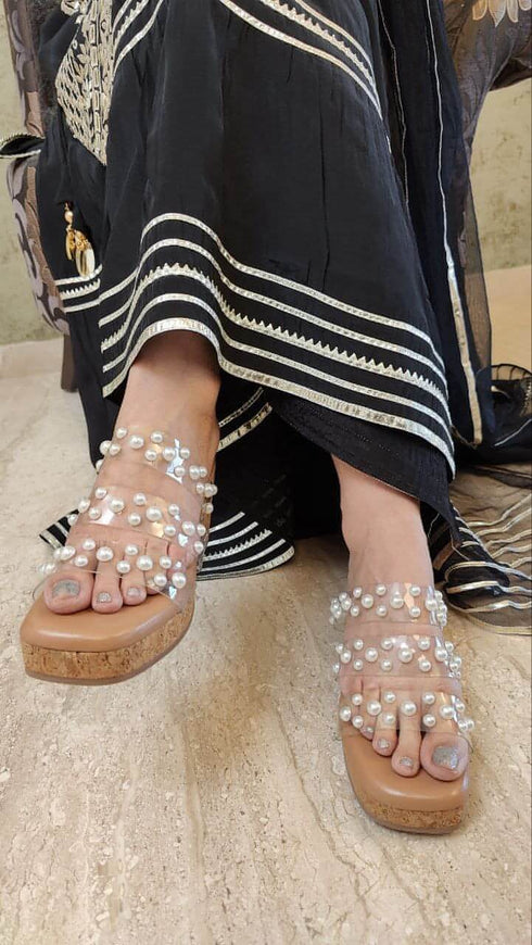 Clear Tan Pearl Wedges