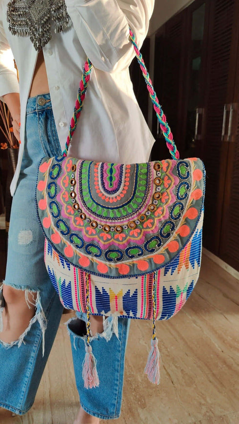 Colorful Jute Beadwork Banjara Handcrafted Embroidery Tote Bag