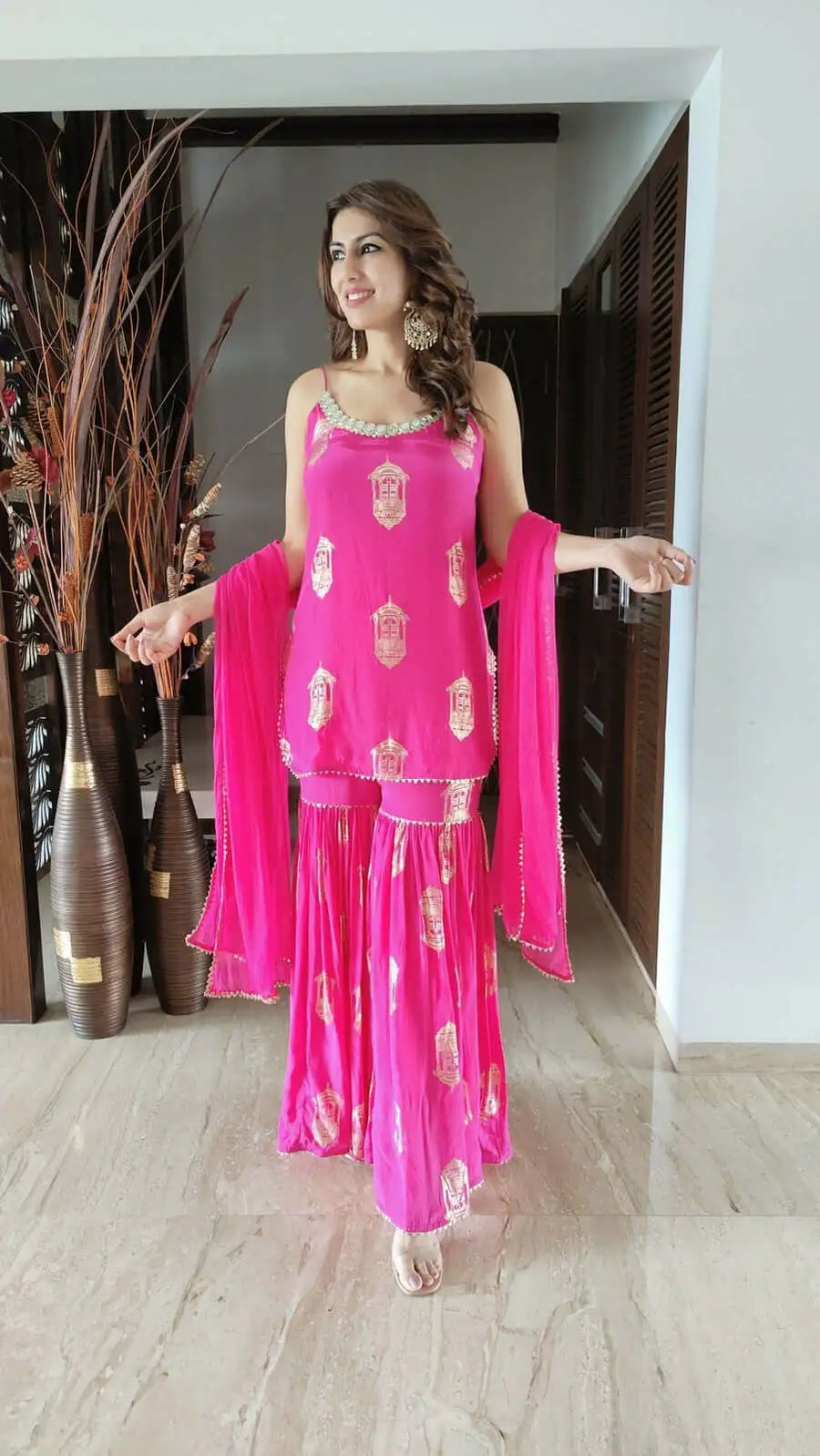 Crepe Hot Pink Gold Spaghetti Sharara Set