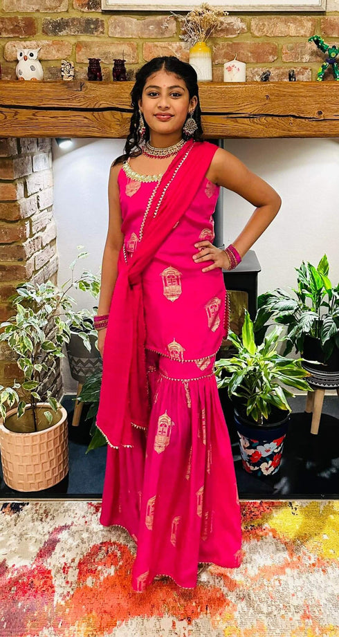 Crepe Hot Pink Gold Spaghetti Sharara Set