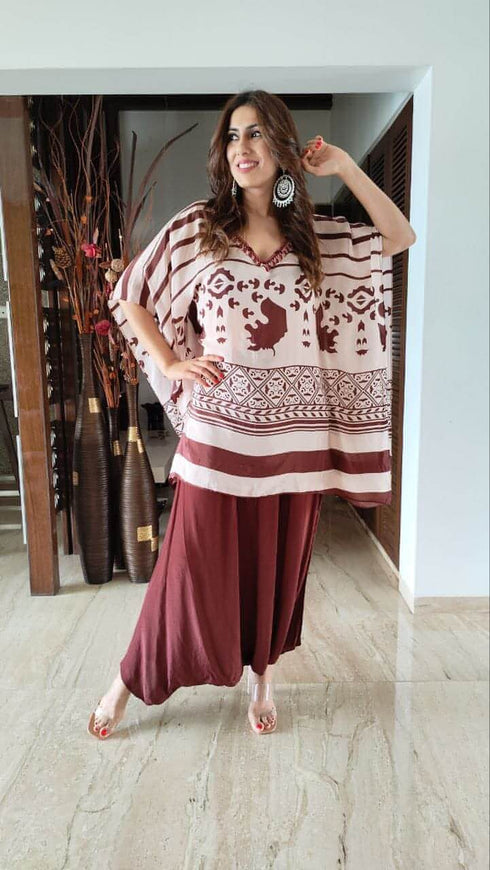 Crepe Maroon Kaftan Dhoti Set