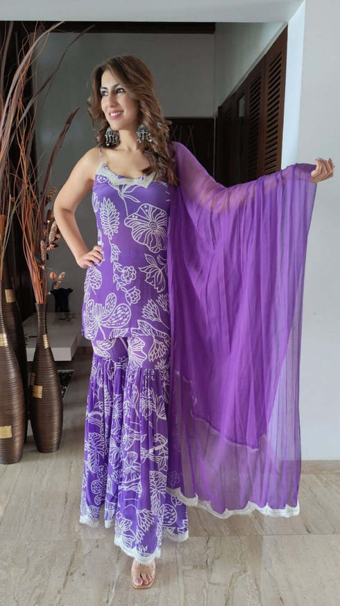 Crepe Purple Sharara Suit For Women