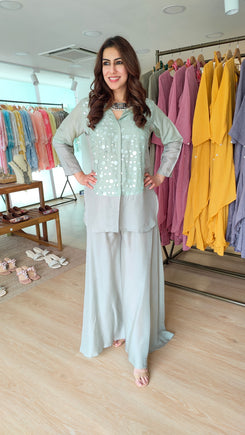 Sequin Green Grey Shirt Palazzo Set