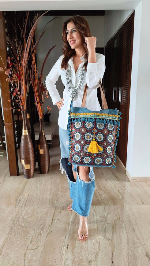 Denim Blue Brown Handcrafted Embroidery Tote Bag