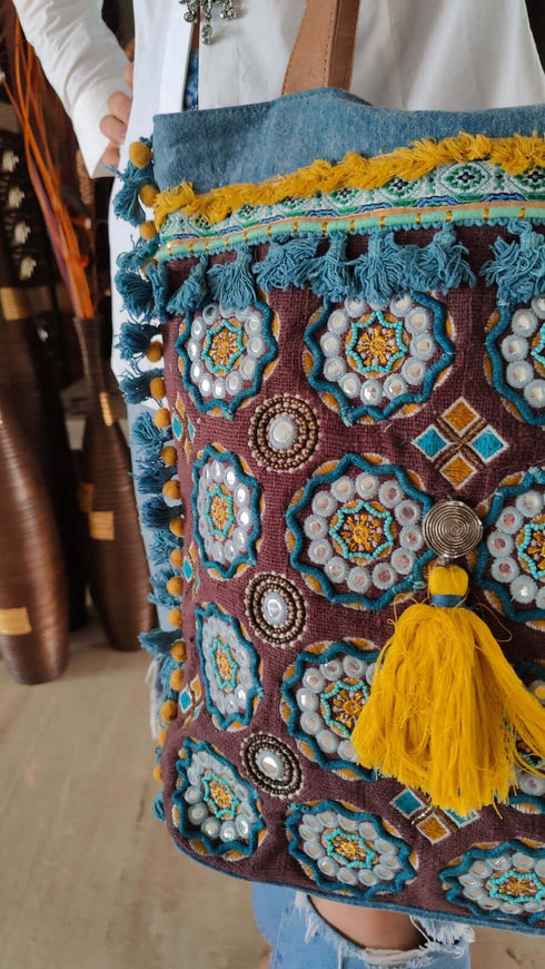 Denim Blue Brown Handcrafted Embroidery Tote Bag