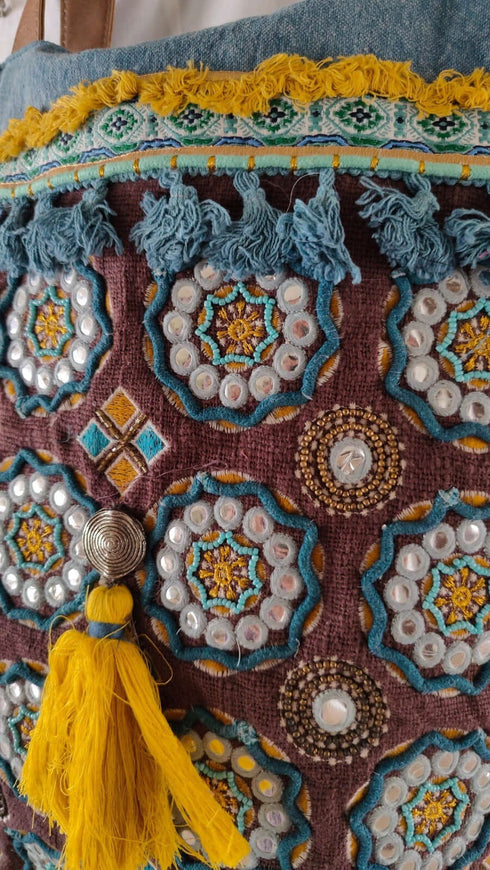 Denim Blue Brown Handcrafted Embroidery Tote Bag