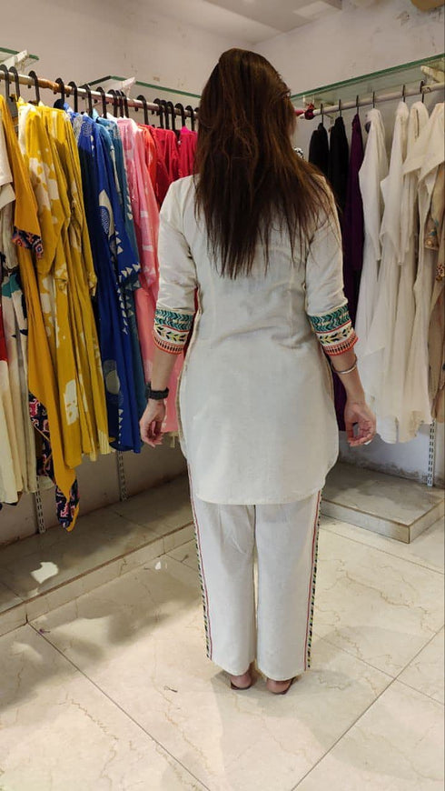 Diamond Off White Kurta Pant Set For Holi
