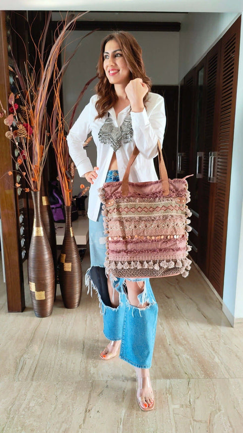 Earthy Mauve Banjara Handcrafted Embroidery Tote Bag