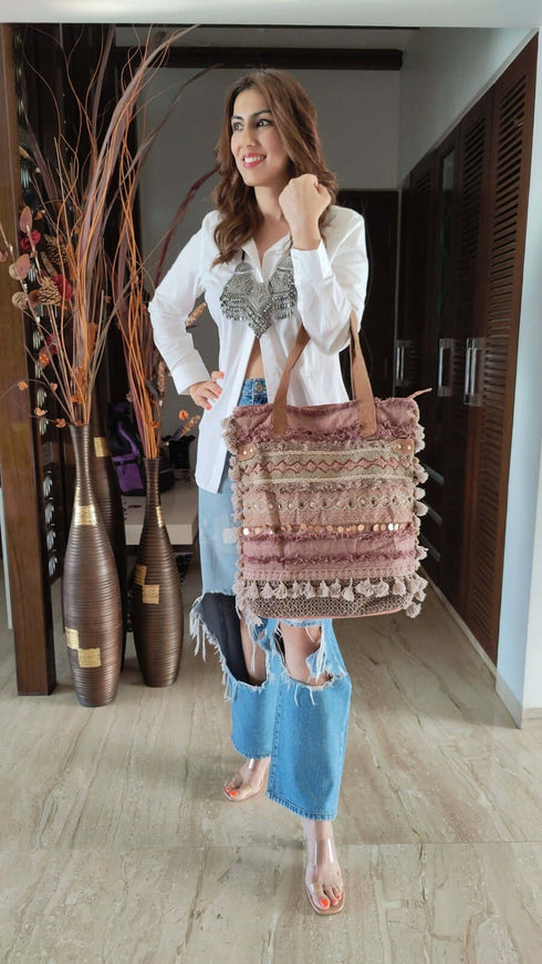 Earthy Mauve Banjara Handcrafted Embroidery Tote Bag