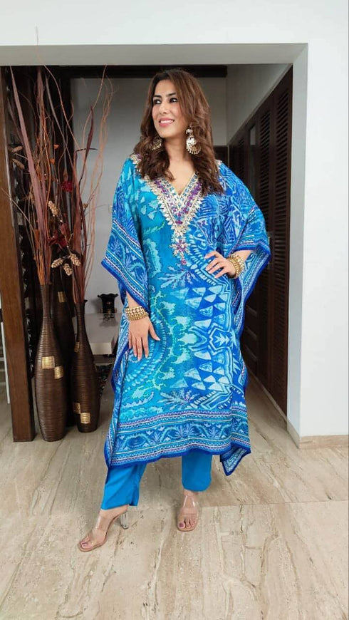 Embroidered Crepe Blue Kaftan Set