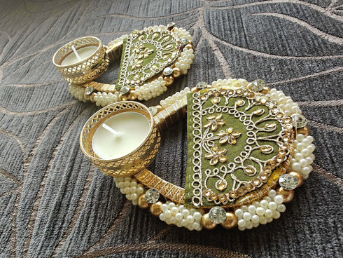 Embroidery Green Diya Set - Accessory