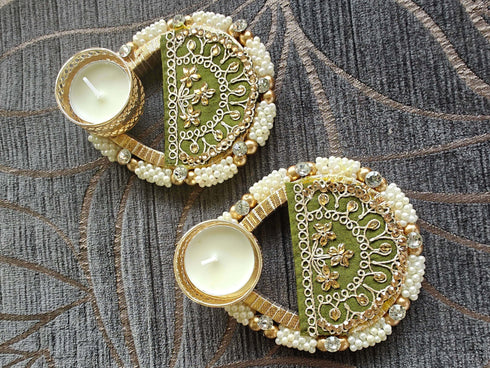 Embroidery Green Diya Set - Accessory