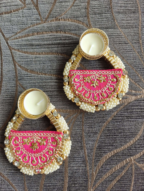 Embroidery Pink Diya Set - Accessory