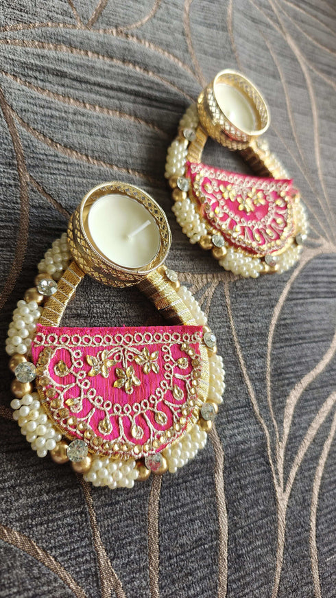 Embroidery Pink Diya Set - Accessory