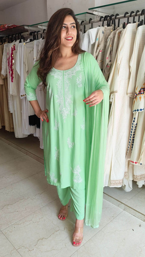 Embroidery Pista Green Suit Set