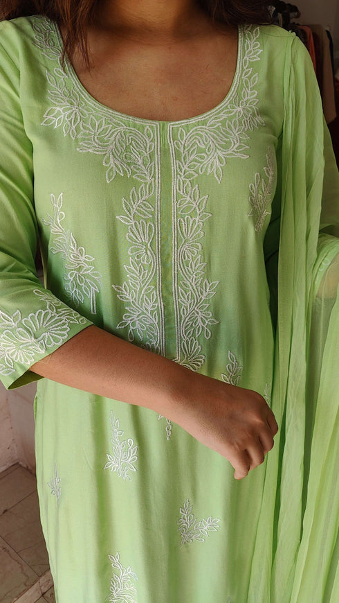 Embroidery Pista Green Suit Set