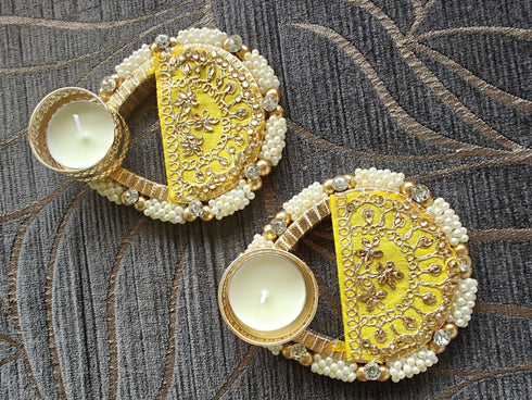 Embroidery Yellow Diya Set - Accessory