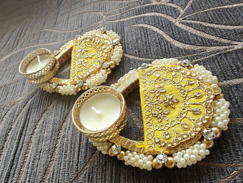 Embroidery Yellow Diya Set - Accessory