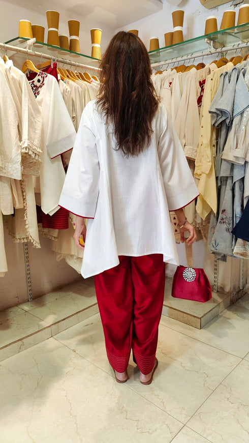 Embroidery White Maroon Farshi Salwar With Handbag